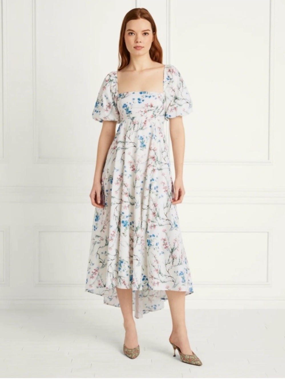Hill House Matilda Floral Puff Sleeve Midi Dress Size M
